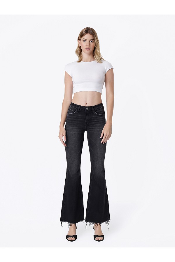 Mid Rise Frayed Hem Black Flare Jea...