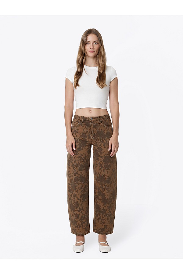 High Rise Brown Floral Print Barrel...
