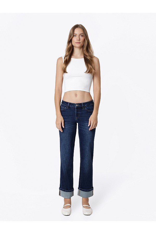 Low Rise Dark Wash Cuffed Straight ...