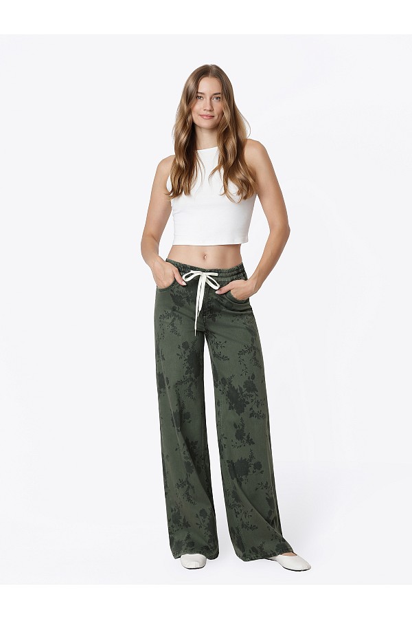 High Rise Green Floral Print Drawst...