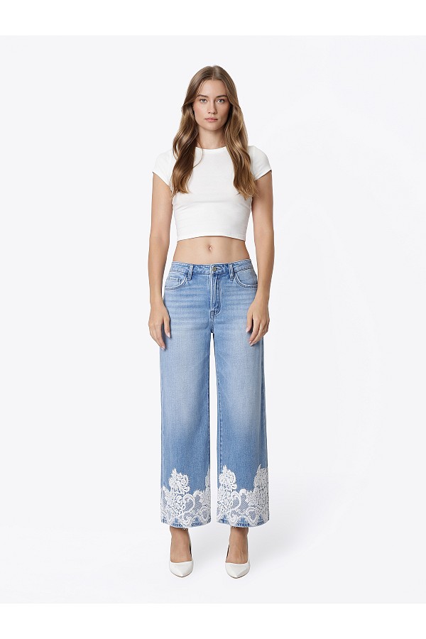 High Rise Bottom Lace Trim Crop Wid...