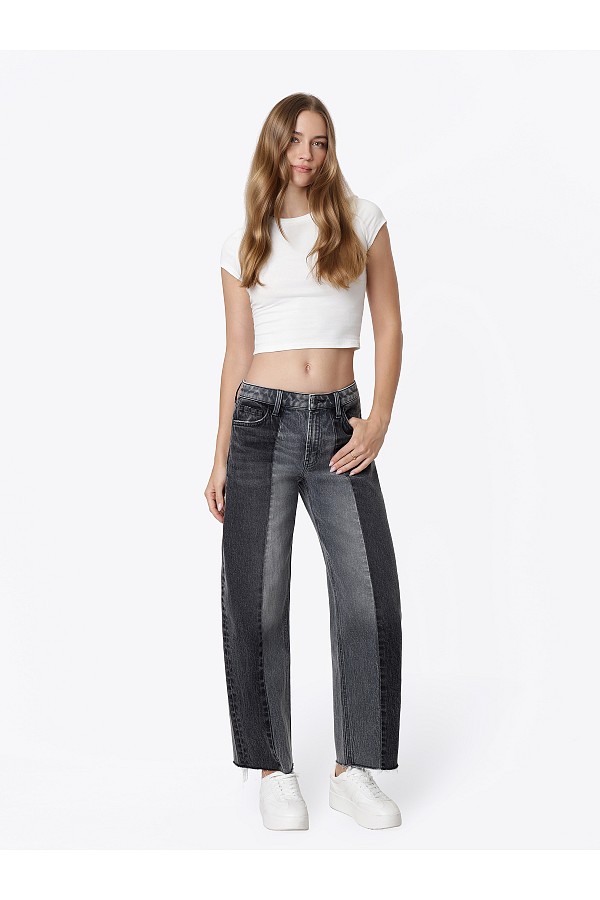 High Rise Raw Hem Two Tone Barrel J...